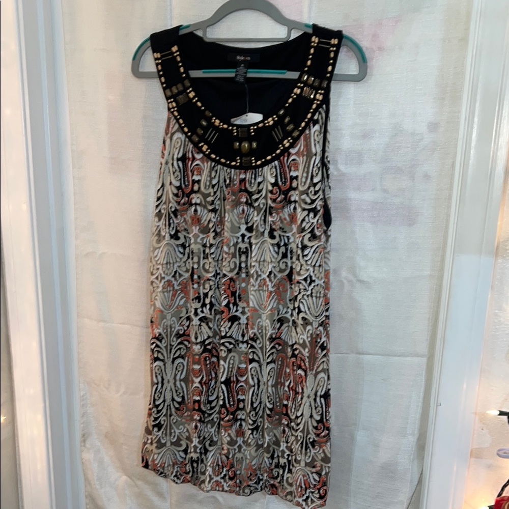 Style & Co. Tan and White Embellished Mini Sundress